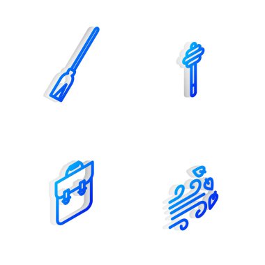 Isometric hattını ayarla Bal Kovanı çubuğu, süpürge sapı, okul çantası ve Windy hava durumu ikonu. Vektör