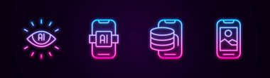 Yapay Zeka Yapay Zeka, Bulut teknolojisi veri transferi ve cep telefonu hattını ayarla. Parlayan neon ikonu. Vektör