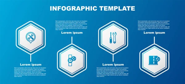 Establezca el servicio de ubicación de línea, reloj de muñeca, destornillador y llave inglesa y servidor de base de datos. Plantilla de infografía empresarial. Vector — Vector de stock