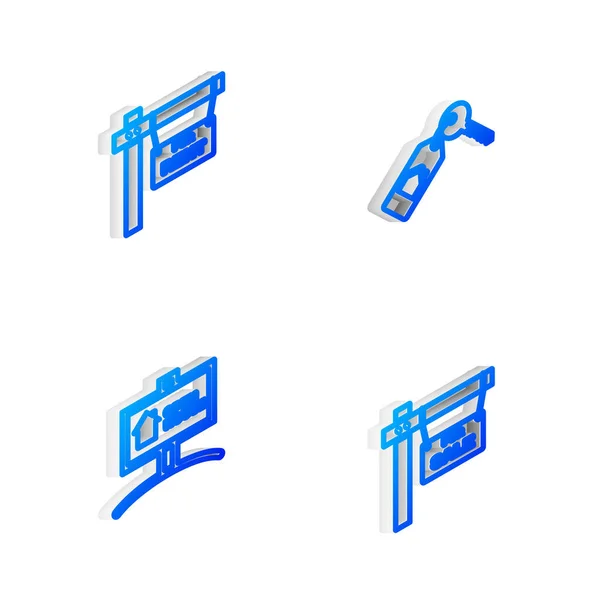 Nastavit Izometrická čára Dům s klíčem, Závěsné znamení Na pronájem, Otevřít dům a Prodej ikony. Vektor — Stockový vektor