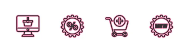 Set line Monitor with shopping basket, Add Shopping cart, Discount percent tag and Price text Nuevo icono. Vector — Archivo Imágenes Vectoriales