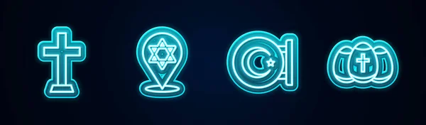 Set line Christian cross, Star of David, and crescent and Easter egg. Glowing neon icon. Vector — Stock Vector