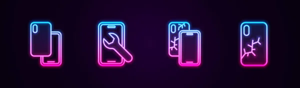 Hat Smartphone, Mobil servis, bozuk ekran ve ayarlayın. Parlayan neon ikonu. Vektör — Stok Vektör