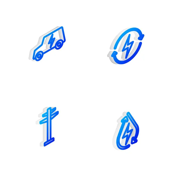 Set Isometric line Recharging, Electric car, tower and Water energy icon. Vector — Stock Vector