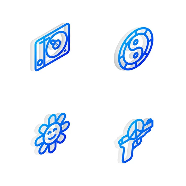 Set Isometric ligne Yin Yang symbole, lecteur de vinyle, Fleur et aucune icône de guerre. Vecteur — Image vectorielle