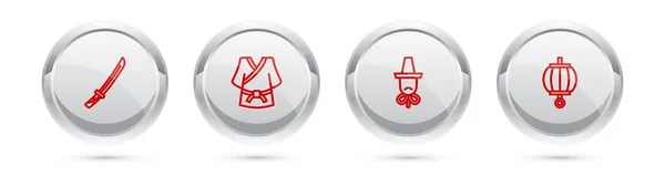 Γραμμή Κατάνα, Κίμονο, Κορεάτικο καπέλο και φανάρι. Ασημένιο κουμπί κύκλου. Διάνυσμα — Διανυσματικό Αρχείο