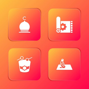 Müslüman Camii 'ni, geleneksel halıyı, Ramazan davulunu ve insan dua ikonunu kur. Vektör