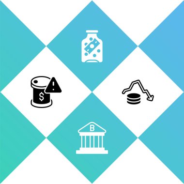 Ham petrol fiyatlarında düşüş, banka binası, madeni paralı cam para kavanozu ve dolar oranı azaltma ikonu. Vektör