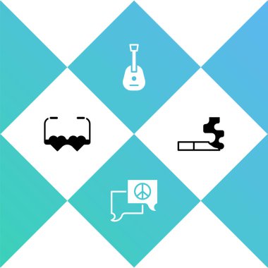 Set Heart tarzı aşk gözlükleri, konuşma balonu sohbeti, Gitar ve Sigara ikonu. Vektör