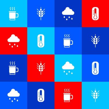 Bir fincan çay, buğday, yağmurlu bulut ve termometre ikonu. Vektör