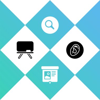 Tebeşir tahtası, projeksiyon ekranı, büyüteç ve kulak dinleme ses sinyali simgesini ayarla. Vektör