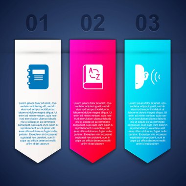 Not Defteri, Çevirmen ve Kulak, ses sinyalini ayarlayın. Ticari bilgi şablonu. Vektör