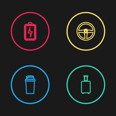 Hat fitness karıştırıcı, seyahat valizi, direksiyon simidi ve pil ikonu. Vektör.