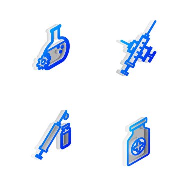 Isometric hattını çapraz şırınga, biyomühendislik, tıbbi ve şişe ve ilaç şişesi ikonu olarak ayarla. Vektör.