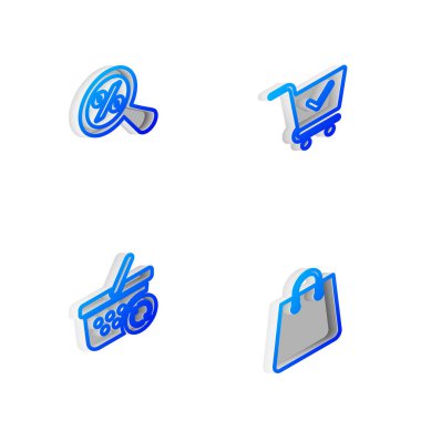 Isometric marka alışveriş arabasını işaretli, büyüteç yüzdesi, yenilenmiş alışveriş sepeti ve el çantası simgesi ile ayarla. Vektör.