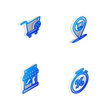 Isometric Line alışveriş arabasını ayarla, Alışverişe Ekle, Markete ve Stopwatch 'a ekle ve yüzde ikon. Vektör.