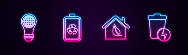 Definir Linha Lâmpada Com Globo Mundial Reciclagem Bateria Casa Eco — Vetor de Stock