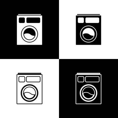 Çamaşır makinesi simgesini siyah beyaz arkaplanda izole et. Çamaşır makinesi simgesi. Çamaşır makinesi, çamaşır makinesi. Ev aletleri sembolü. Vektör İllüstrasyonu.