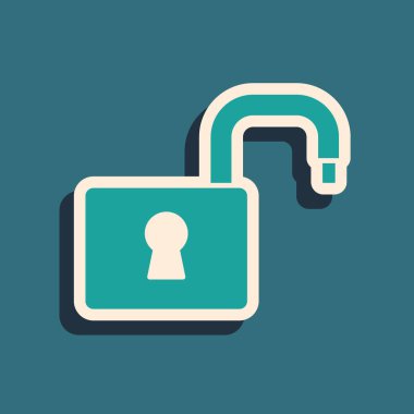 Yeşil Açık asma kilit simgesi yeşil arkaplanda izole edildi. Kilit açık işareti. Siber güvenlik kavramı. Dijital veri koruması. Uzun gölge tarzı. Vektör.