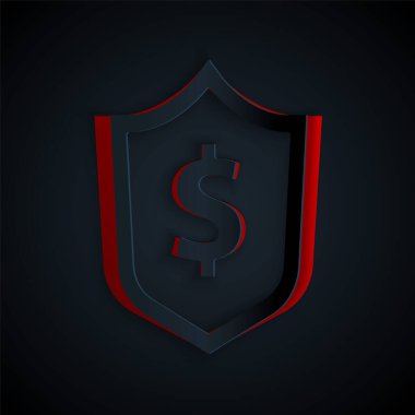 Kağıt kesiği Shield. Siyah arka planda dolar sembolü simgesi var. Güvenlik kalkanı koruması. Para güvenliği konsepti. Kağıt sanatı tarzı. Vektör.