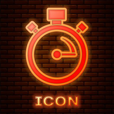 Parlayan neon saat simgesi tuğla duvar arka planında izole edildi. Zaman göstergesi. Kronometre işareti. Vektör.