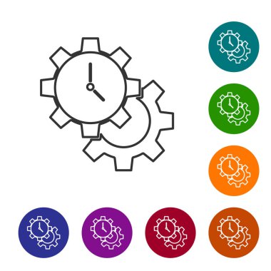 Siyah çizgi Zaman Yönetimi simgesi beyaz arkaplanda izole edildi. Saat ve vites tabelası. Üretkenlik sembolü. Simgeleri renk daire düğmelerine ayarla. Vektör.