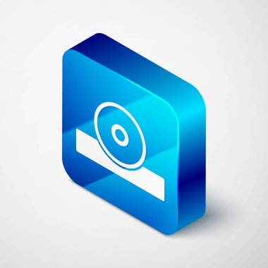 Isometric Otolaryngological baş yansıtıcı ikonu gri arka planda izole edildi. Hastaların kulak, boğaz ve burun muayenesi için ekipman. Mavi kare düğme. Vektör.