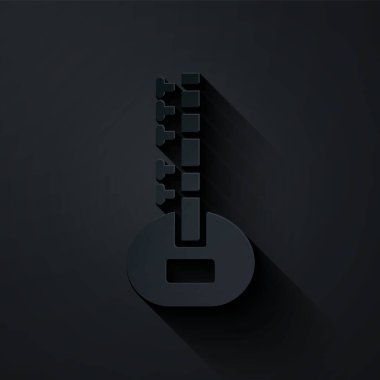 Kağıt kesiği Sitar klasik müzik aleti simgesi siyah arkaplanda izole. Kağıt sanatı tarzı. Vektör.