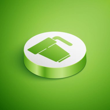 Yeşil arka planda izole edilmiş Isometric Kahve fincanı ikonu. Çay fincanı. Sıcak içecek kahvesi. Beyaz daire düğmesi. Vektör.