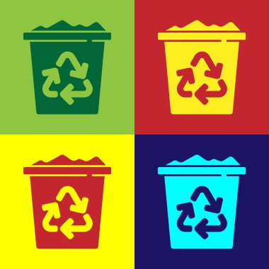Renk arkaplanında izole edilmiş geri dönüşüm sembolü olan Pop Art Geri Dönüşüm kutusu. Çöp kutusu simgesi. Çöp kutusu tabelası. Geri dönüşüm sepeti işareti. Vektör.