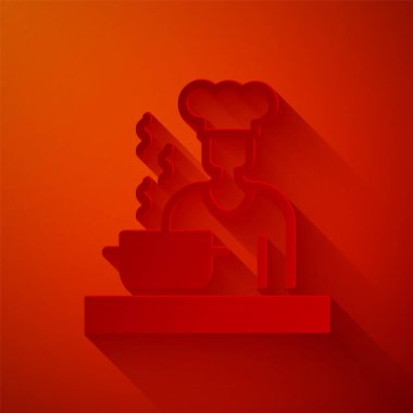 Kağıt kesiği İspanyol aşçı simgesi kırmızı arkaplanda izole edilmiş. Kağıt sanatı tarzı. Vektör.