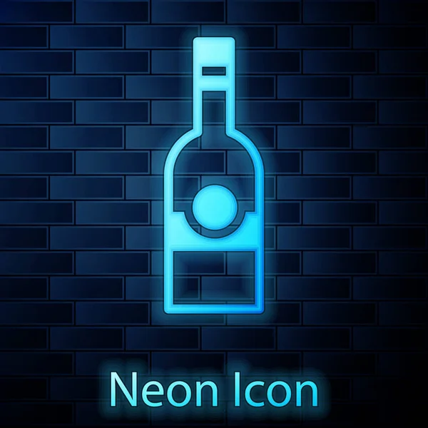 Glowing Neon Glass Bottle Vodka Icon Isolated Brick Wall Background — Stock Vector