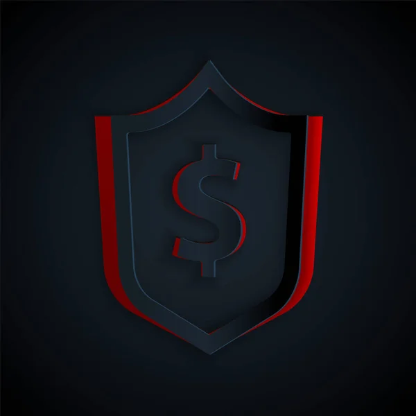 黑色背景上有美元符号图标的剪纸盾牌 防盾保护 货币安全概念 造纸艺术风格 — 图库矢量图片