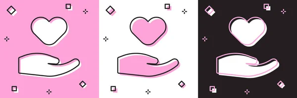 Conjunto Corazón Mano Icono Aislado Rosa Blanco Fondo Negro Mano — Vector de stock