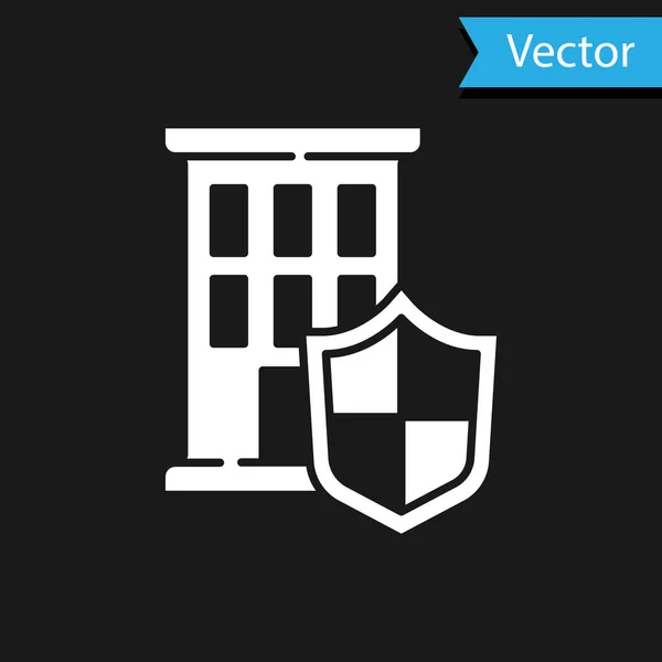 Casa Blanca Con Icono Escudo Aislado Sobre Fondo Negro Concepto — Vector de stock