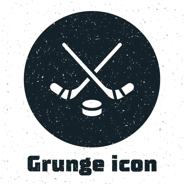 Grunge Eishockeyschläger Und Puck Ikone Isoliert Auf Weißem Hintergrund Spielbeginn — Stockvektor