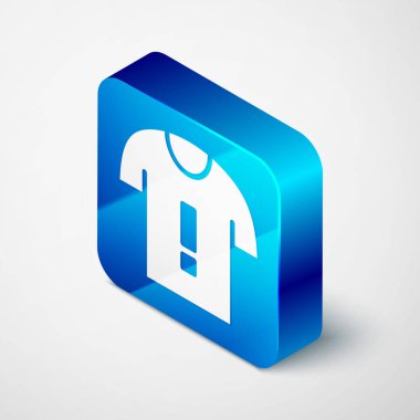 Gri arkaplanda Isometric tişört protesto simgesi izole edildi. Mavi kare düğme. Vektör.