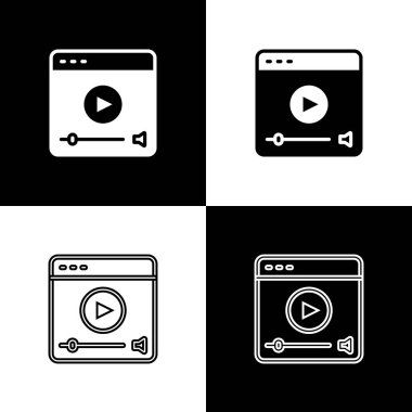 Çevrimiçi oynatma simgesini siyah ve beyaz arkaplanda izole et. Oyun işaretli film şeridi. Vektör.