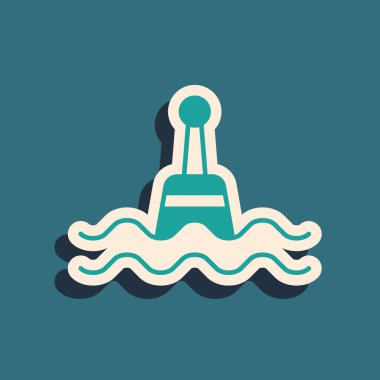 Deniz ikonunda yeşil yüzen şamandıra yeşil arka planda izole edildi. Uzun gölge tarzı. Vektör.