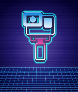 Retro style Action ekstrem kamera simgesi izole edilmiş fütüristik manzara arka planı. Ekstrem sporları çekmek için video kamera ekipmanı. 80 'lerin moda partisi. Vektör.