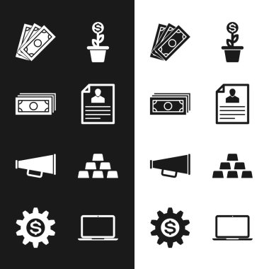 Özgeçmiş yığını kağıt para, nakit para, çömlek megafonu ve altın külçeleri ikonuna yerleştirin. Vektör.