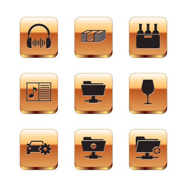 Kulaklığı ve ses dalgalarını araba servisi FTP ayarları klasör defterini not ve şarap kutusu simgesi şişeleriyle ayarla. Vektör.