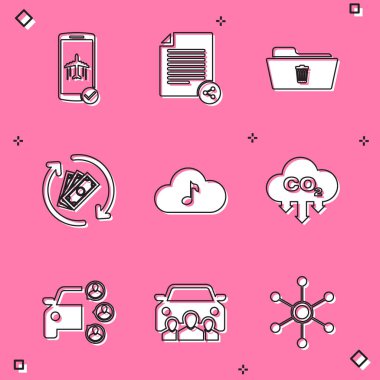 Mobil Paylaşım dosyasındaki Uçuş kipini Sil Dizini İade Et para akış servisi ve CO2 emisyon bulut simgesini ayarla. Vektör.