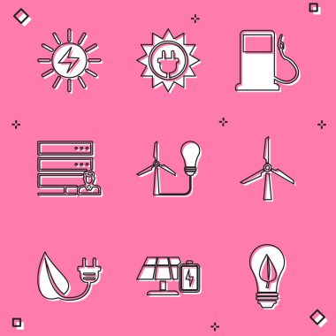 Güneş enerjisi paneli Petrol ya da Benzin İstasyonu Müşteri Hizmetleri sunucusunu rüzgar türbini Rüzgar Elektrik prizi yaprağı ve pil ikonu ile ayarla. Vektör.