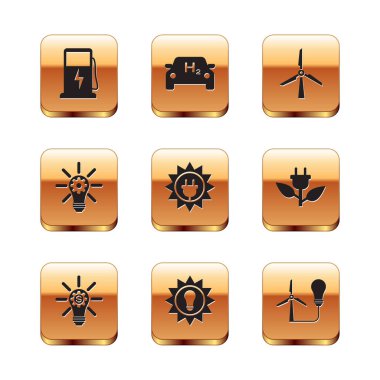 Elektrikli araba şarj istasyonu ampulünü vitesli güneş enerjisi paneli rüzgar türbini rüzgarı ve hidrojen ikonu ile ayarla. Vektör.