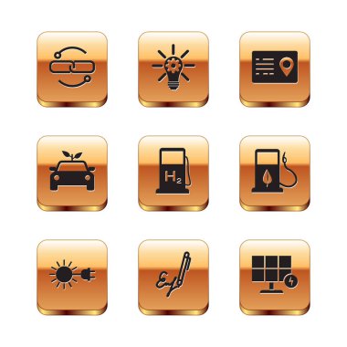 Elektrik prizi hidrojen dolum istasyonu Eco otomobil konsept adres defteri güneş enerjisi paneli ve ampul dişli ikonu ile zincir bağlantı hattı Sun 'ı ayarla. Vektör.