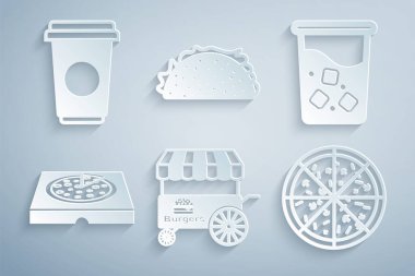 Fast Street yemek arabasını su dolu pizzayla karton kutuya koy. Taco tortilla ve kahve fincanı ikonu. Vektör.