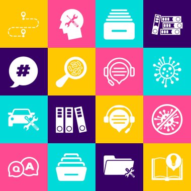 İlginç Gerçekleri Ayarla Virüs Bakteri Çekmecesi Mikroorganizmaları büyüteçle Hashtag konuşma balonu rotası konumu ve Kulaklık sohbet simgesi altında durdur. Vektör.