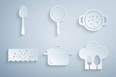 Çorba Sponge 'ı köpüklü Şef şapkası çatalı ve kaşıkla kızartma tavası ve kaşık ikonu ile hazırla. Vektör.