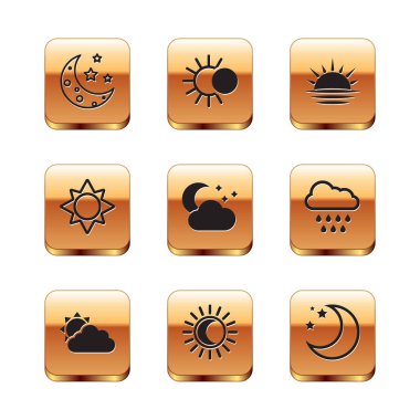 Ayın ve yıldızların batışı, güneş bulutlarının tutulması, güneş bulutu, güneş batımı ve ikon. Vektör.